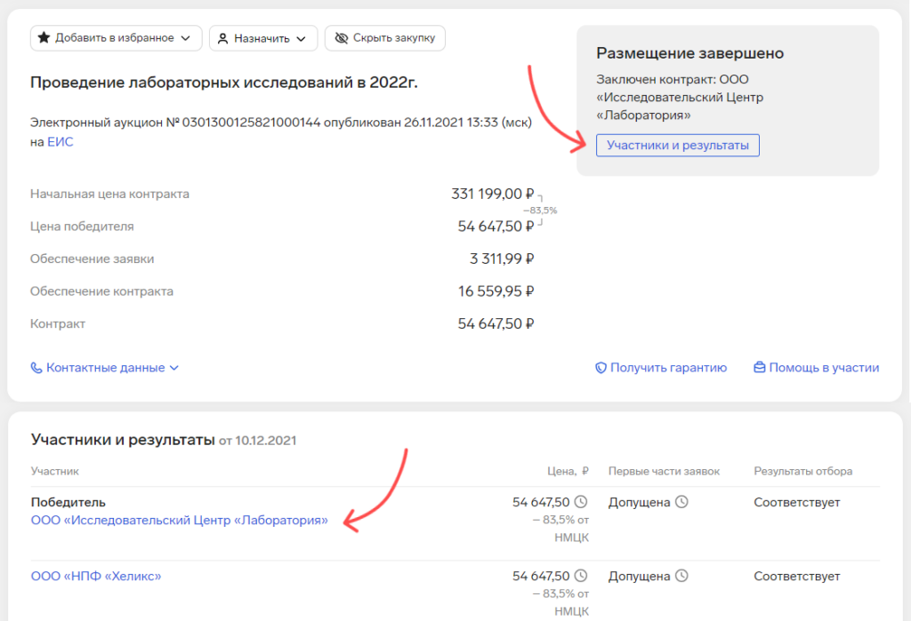 Контур.Закупки поиск через блок «Участники и результаты»